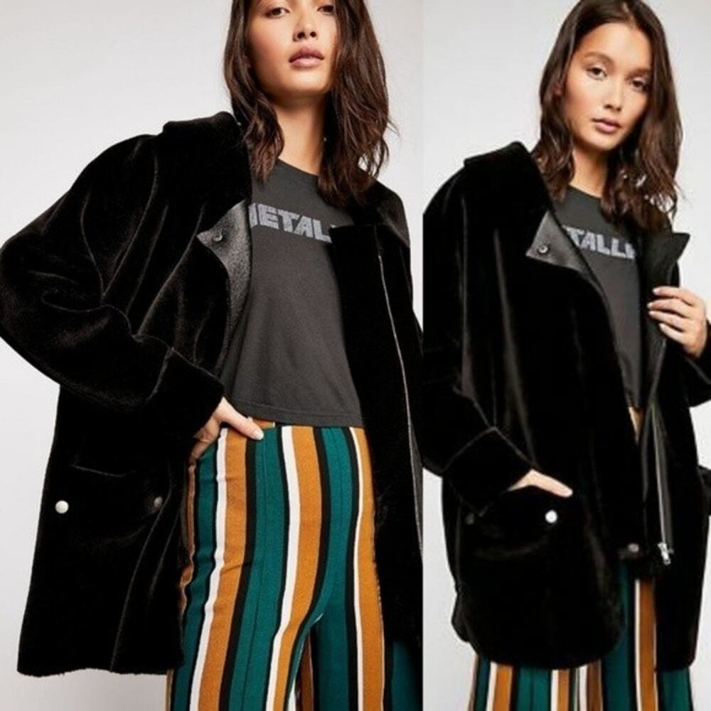 Free People Black Velvet Hooded Coat